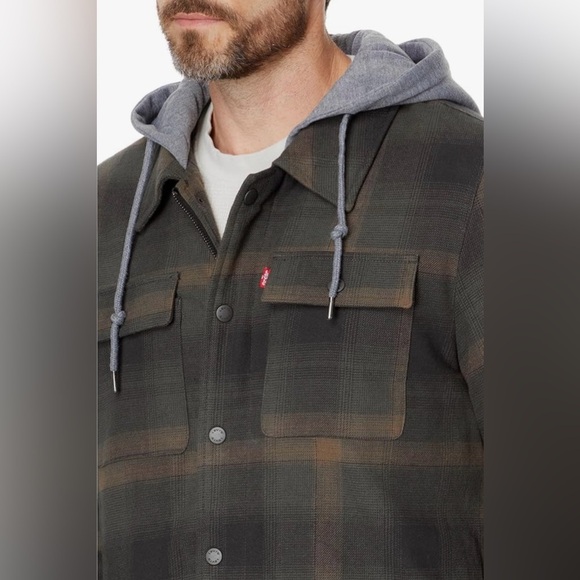 Levis Cotton Plaid Sherpa Lined Hoodie Jacket in Green Ombré, Size Small - Picture 2 of 14
